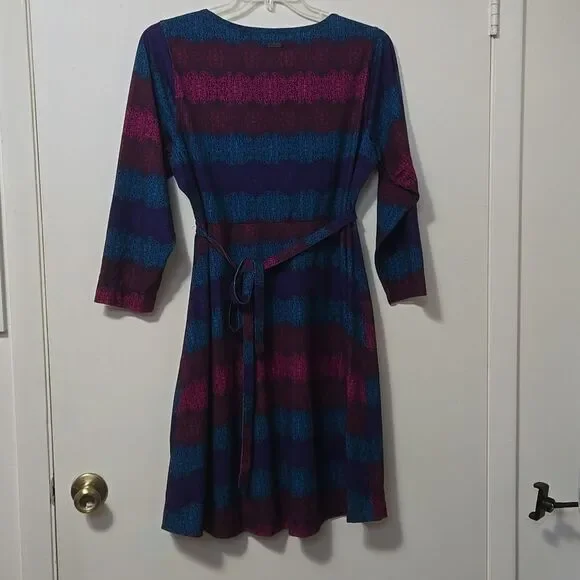 Merrell Dress Womens Size XL Striped Floral TIE Back Long Sleeve Midi Stretchy - Picture 8 of 8